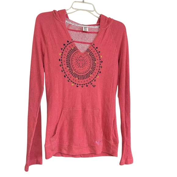 Roxy Tops - Roxy Pink Hoodie Sweatshirt Tribal Sun Graphic Pullover M Womens V Neck Y2K